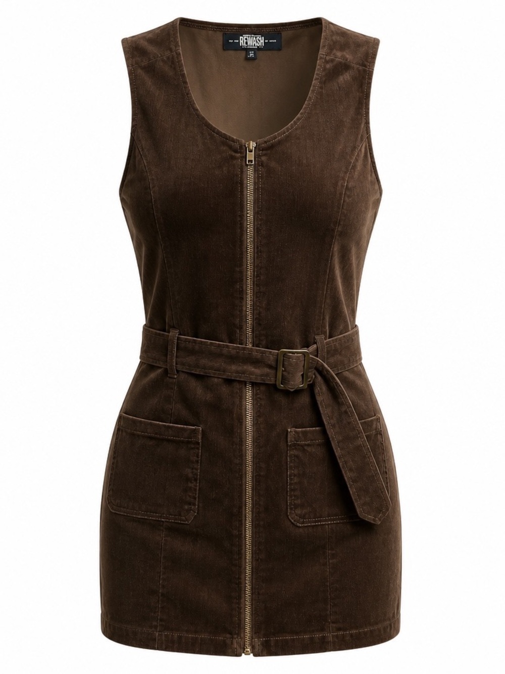 REWASH Brown Corduroy Zip-Front Belted Mini Dress